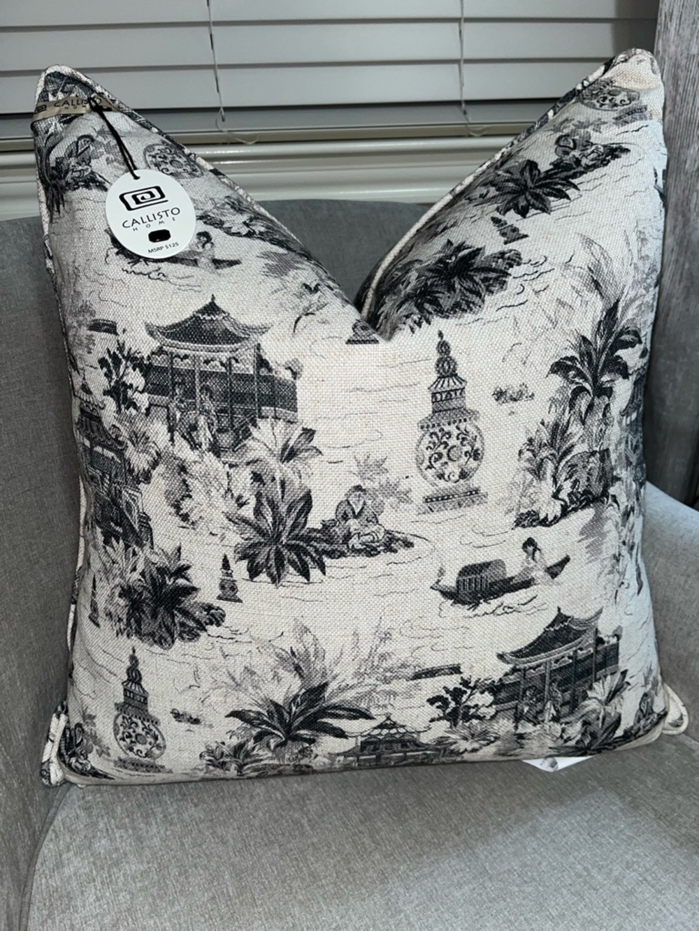 1-NWT CALLISTO HOME ASHEN PAGODA CHINOISERIE DESIGN DECORATIVE PILLOW